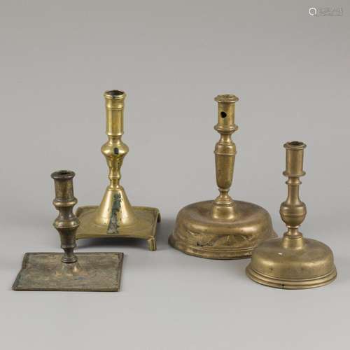 A lot comprising (4) brass and copper candlesticks, Dutch, 2...