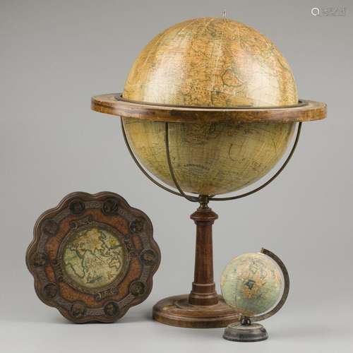 A lot comprising (2) terrestial globes and a tin boxlet, 1st...