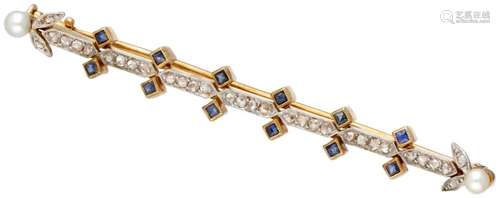 14K. Yellow gold Art Deco brooch set with diamonds, sapphire...