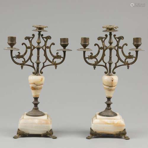 A set of (2) ZAMAC and marble candelabras, France. ca. 1900.