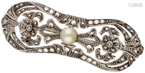 800 Silver openwork Art Deco brooch set with cultured pearl ...