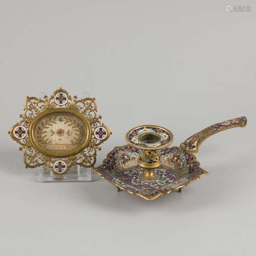 A (2) piece lot cloissonné comprising a candle holder togeth...