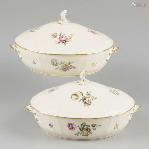 A set of (2) porcelain lidded bowls decorated with flowers, ...