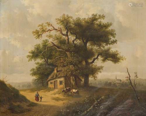 A Kooymans, 19e eeuw. Travellers on a sandy track near a far...