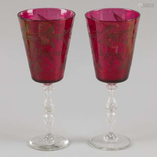 A (2) piece set marriage glasses of cut red glass, Belgium, ...