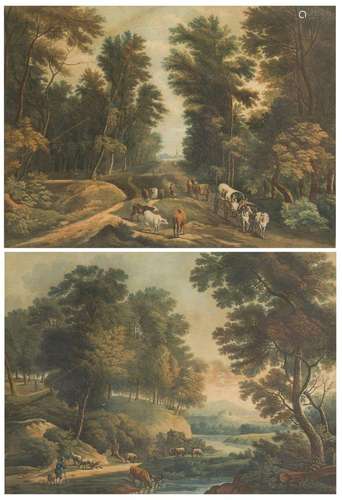 A set comprising (2) engravings, coloured (forest) landscape...