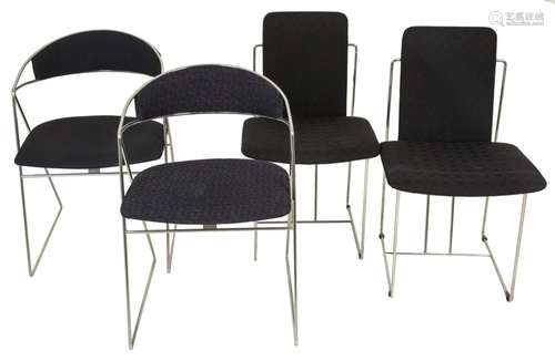 A lot comprising (4) designers bent steel chairs with uphols...