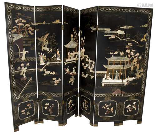 A six fold black laquered Chinese folding screen / paravente...