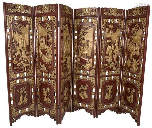 A red lacquered 6-leaf folding screen. China, late 20th cent...