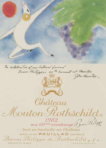 After John Huston (1906 - 1987), wine label for Mouton Roths...