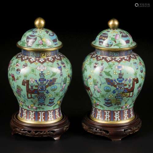 A set of (2) cloisonne lidded vases decorated with antiques....