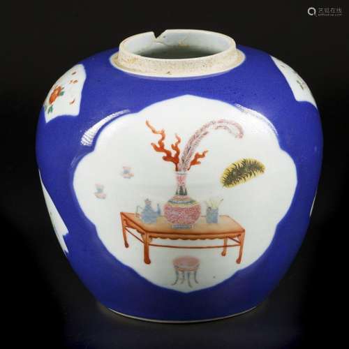 A porcelain poudre blue ginger jar with famille rose decorat...