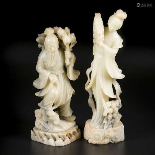 A lot of (2) soapstone figures of a sage and a guan-yin. Chi...