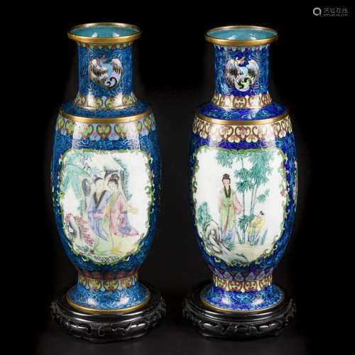 A set of (2) cloisonne vases with an enamelled depiction of ...