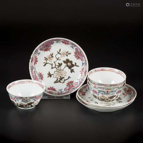 A set of (4+3) porcelain famille rose cups and saucers. Chin...