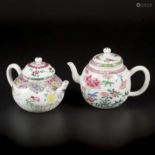 A lot of (2) porcelain famille rose teapots. China, 18th cen...