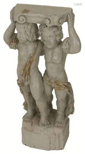 A wooden sculpture of putti carying a capitel, partly gilded...