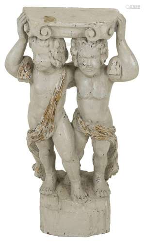 A grey painted, partly gilded group with (2) putti.