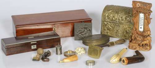 A lot comprising (2) boxes, parasol handles, a thermometer a...