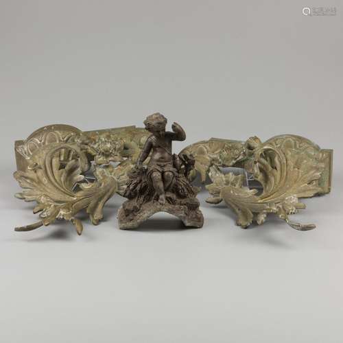 A pair of cast bronze fireplace ornaments together with a sp...