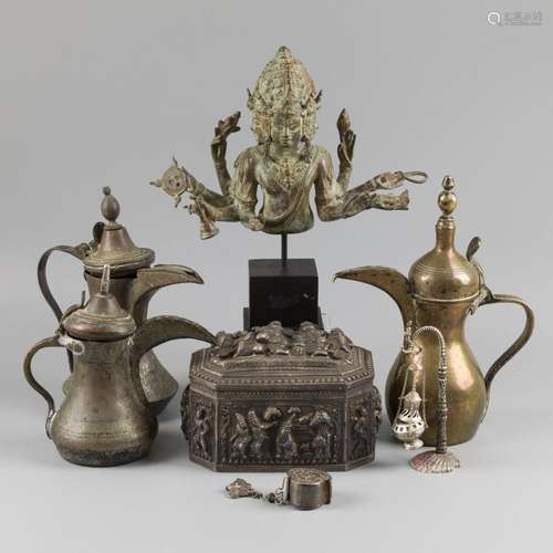 A lot Asian artefacts with a silver-plated lidded box, a scu...