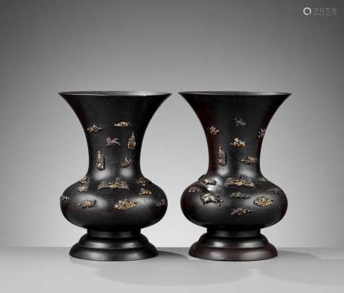 AN IMPRESSIVE PAIR OF BRONZE VASES INLAD WITH MANY FINE MENU...