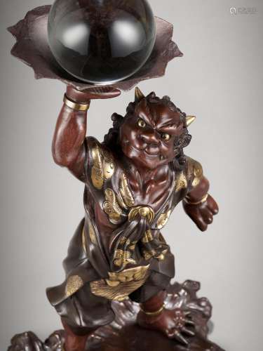 A LARGE PARCEL-GILT BRONZE MIYAO STYLE FIGURE OF AN ONI WITH...