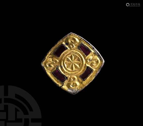 Merovingian Silver Gilt Square Brooch with Garnets