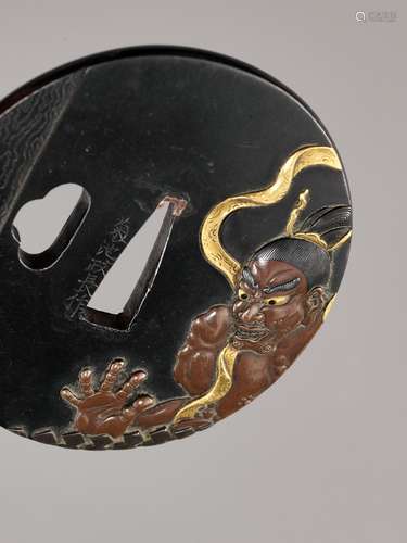 KIKUCHI MASANAGA: A FINE SHAKUDO TSUBA WITH NIO (TEMPLE GUAR...