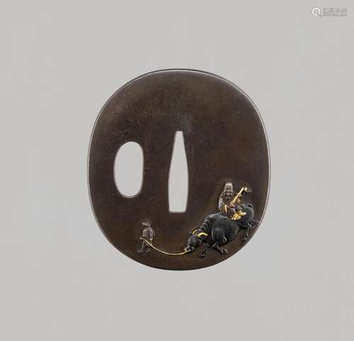 A FINE UCHIKOSHI SCHOOL SHIBUICHI TSUBA WITH JUROJIN, OX, AN...