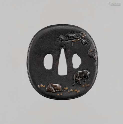 AN IRON TSUBA WITH OXEN