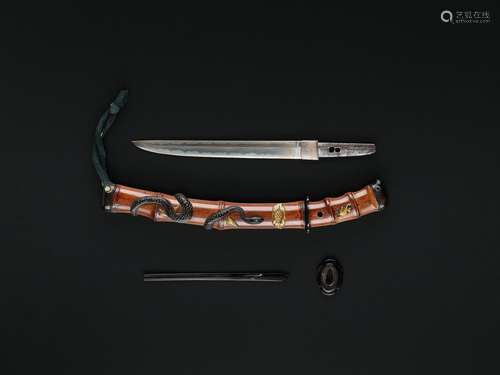 HASEGAWA IKKO: A TANTO IN SUPERBLY INLAID SAYA WITH SANSUKUM...