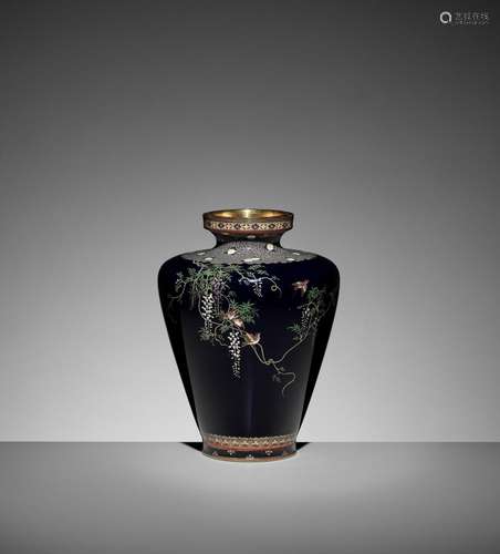 A FINE CLOISONNÉ ENAMEL VASE WITH SPARROWS AND WISTERIA, ATT...