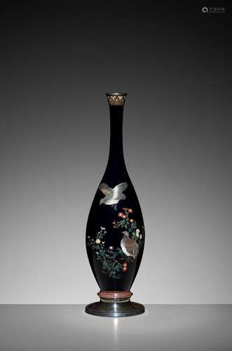 A CLOISONNÉ ENAMEL VASE WITH QUAILS AND CHRYSANTHEMUM, ATTRI...