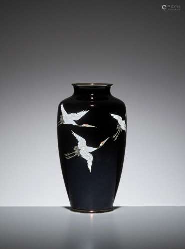 ANDO: A MIDNIGHT BLUE CLOISONNÉ ENAMEL VASE WITH FLYING CRAN...