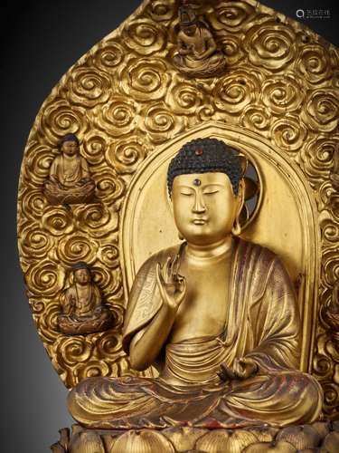 A RARE AND LARGE LACQUER-GILT WOOD FIGURE OF A SEATED AMIDA ...