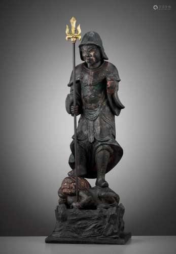 A PARTLY GILT, PAINTED AND LACQUERED WOOD FIGURE OF BISHAMON...