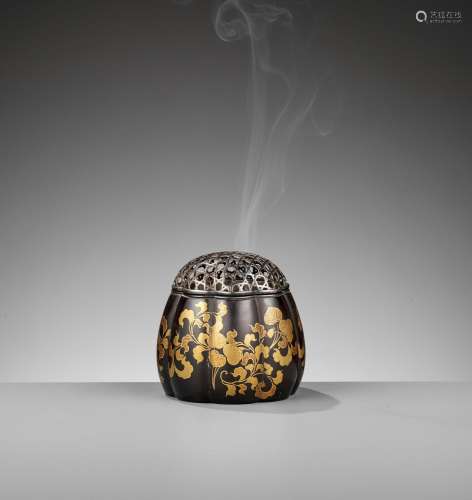 A LACQUER LOBED KORO (INCENSE BURNER) AND SILVER RETICULATED...