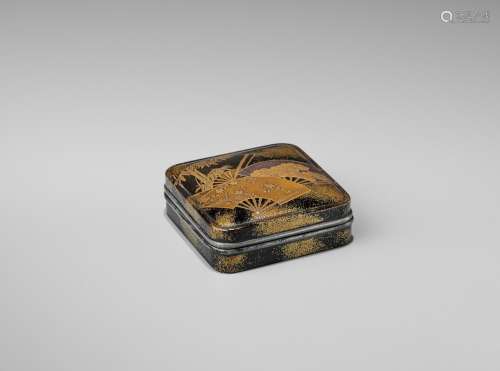 A LACQUER KOGO (INCENSE BOX) AND COVER WITH FANS DEPICTING T...