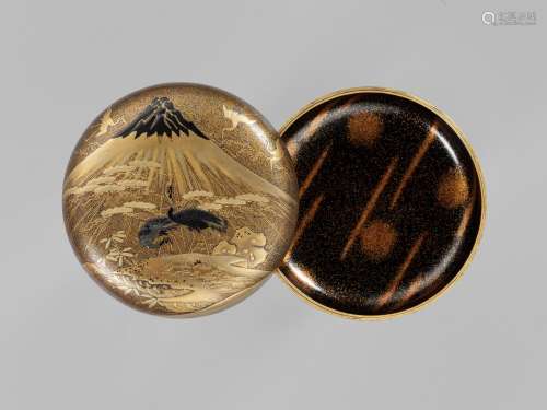 A LACQUER KOGO (INCENSE BOX) AND COVER WITH CRANES AND MOUNT...