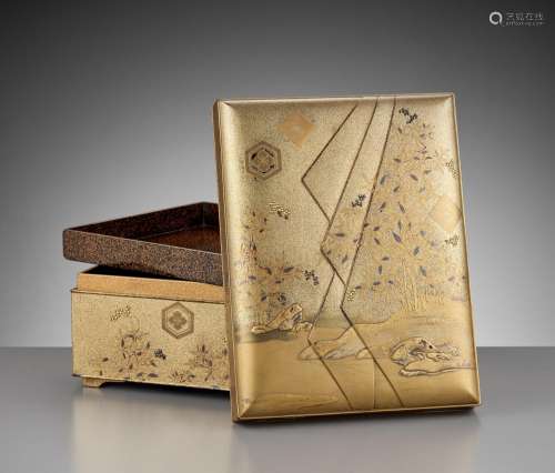 A LACQUER TEBAKO DEPICTING A LANDSCAPE WITH BAMBOO