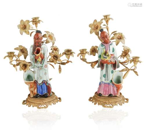 A PAIR PORCELAIN ORMOLU BRONZE CANDELABRAS