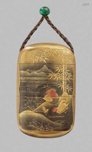NIKKOSAI: A FINE GOLD LACQUER FOUR-CASE INRO WITH A FAMILY O...