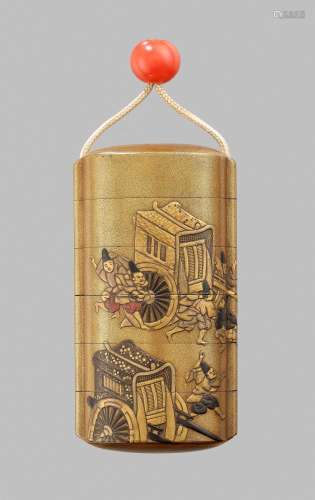 A GOLD LACQUER FIVE-CASE INRO DEPICTING COURT SERVANTS AND C...