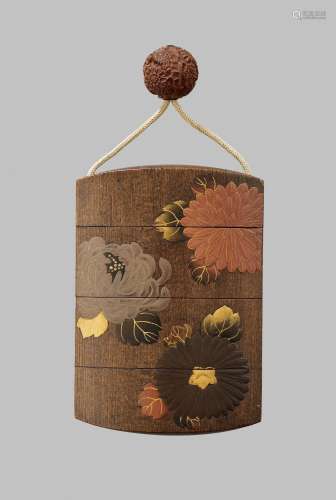 A LACQUERED LIGHT WOOD THREE-CASE INRO WITH CHRYSANTHEMUM AN...