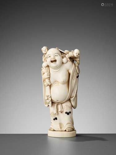 SHUNZAN: AN IVORY OKIMONO OF HOTEI WITH TWO KARAKO