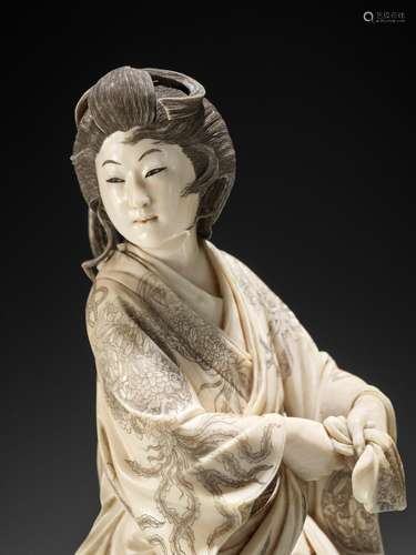 HASHIMOTO SHINGYOKU: A SUPERB IVORY OKIMONO OF AN OIRAN