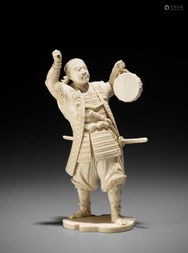 TOSHIMICHI: A FINE IVORY OKIMONO OF A SAMURAI WITH DRUM