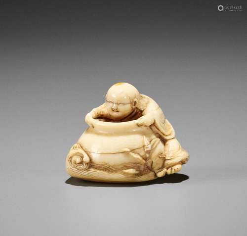 AN IVORY NETSUKE OF A SHOJO AND SAKE JAR