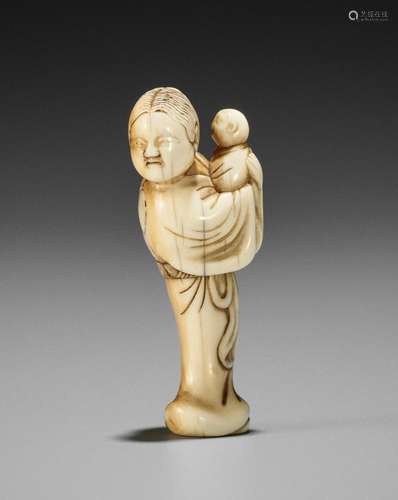 AN IVORY NETSUKE OF KAKKYO’S WIFE AND CHILD